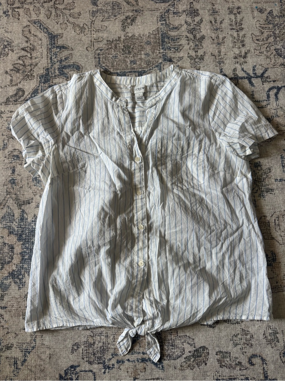 J. Crew White Shirt with Light Blue Pinstripes Tie-Front Button-Down